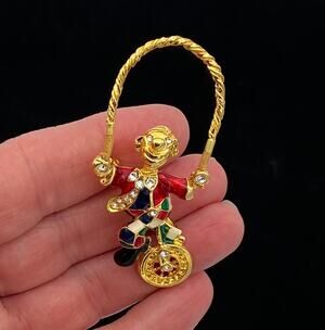 Vintage Enamel Clown Trembler Brooch Gold Tone Rhinestones Unicycle Colorful